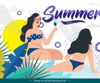 Verano Banner Bikini Chicas Sketch Diseño De Dibujos Animados