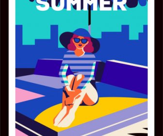 여름 배너 비키니 레이디 스케치 다채로운 만화 디자인