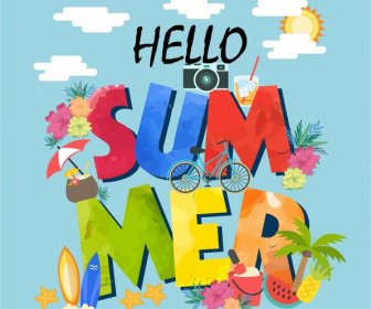 Summer Banner Design With Colorful Texts And Symbols