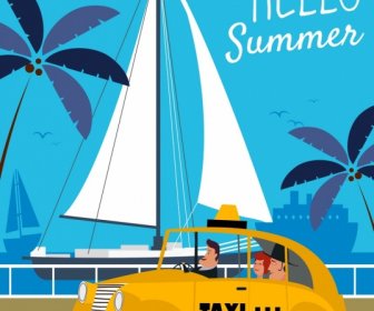 Verão Banner Táxi Navio ícones Design Dos Desenhos Animados