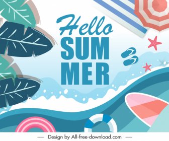 여름 배너 템플릿 플랫 다채로운 잎 바다 요소