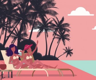 Design Dessin Animé Du Icône De Femmes Bikini Plage Fond D’été