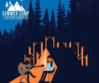 여름 캠프 포스터 사람들이 연주 기타 숲 배경
