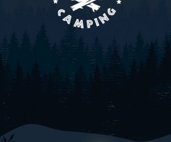 Summer Camping Background Tent Human Bear Night Icons