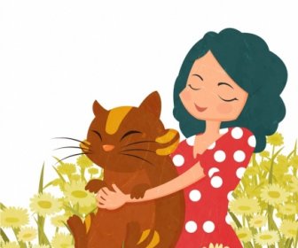 Summer Drawing Flowers Field Girl Pet Icons