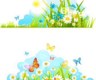 Bunga Musim Panas Dengan Kupu-kupu Alam Elemen Vektor