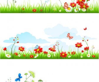 夏の花と蝶自然要素ベクトル