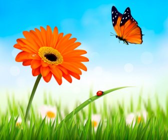 Summer Grass With Flower And Butterfly Background Vector