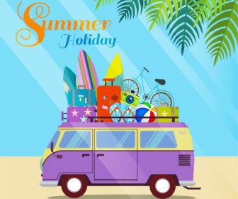 Summer Holiday Banner Car Surfboard Luggage Icons