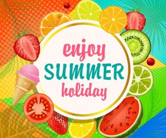 Summer Holiday Banner Fruits Slices Icons Decoration