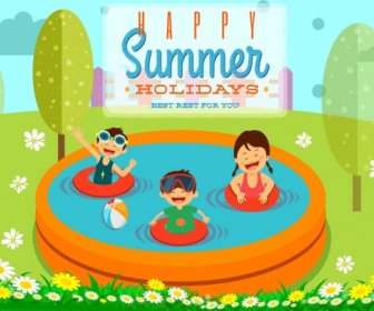 Summer Holiday Banner Joyful Children Swimming Pool Icons