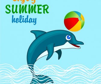 Summer Holiday Banner Joyful Dolphin Icon Colored Cartoon