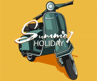Summer Holiday Banner Retro Vespa Motorbike Sketch