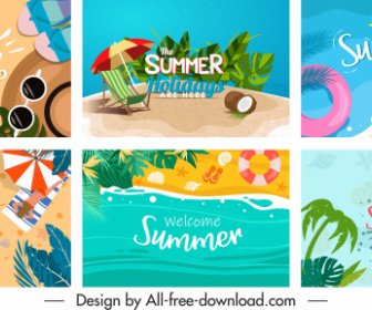 Summer Holiday Banners Colorful Sea Elements Decor