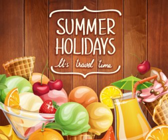 木製の背景ベクトルと夏の休日食品