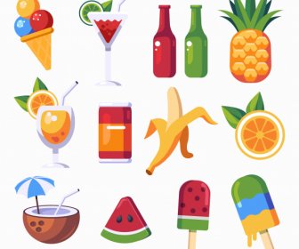 Iconos De Vacaciones De Verano Iconos De Bebidas De Frutas Tropicales Bosquejo
