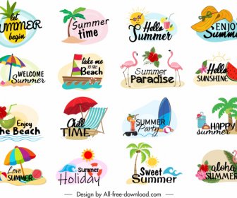 Summer Holiday Logotypes Colorful Beach Symbols Sketch