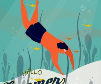 Summer Holiday Poster Diving Man Icon Colored Cartoon