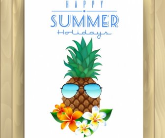 Summer Holiday Poster Pineapple Flowers Sunglasses Icons Decor