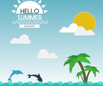 Summer Holiday Promotion Banner Dolphin Coconut Seascape Decoration