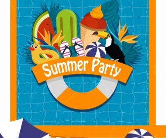 Summer Party Banner Swimming Pool Tropical Symbols Icons