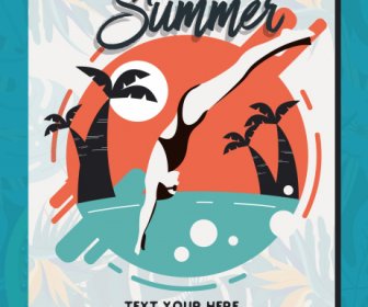 Letni Plakat Plaża Pływanie Szkic Kolorowy Płaski Klasyk