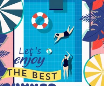 Summer Poster Swimming Pool Umbrella Icons Flat Design