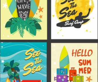 여름 포스터 템플릿 서핑 보드 바다 과일 아이콘