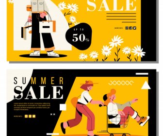 Summer Sale Banners Shoppers Sketch Colorful Cartoon Design