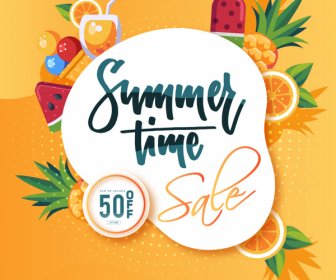 Summer Sale Poster Colorful Flat Fruits Cocktail Sketch
