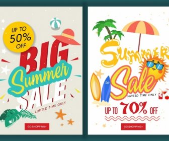 Summer Sales Banners Beach Icons Decoration