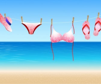 Summer Sea Background Clothing Underwear Hanging On Line
