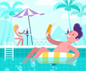 Summer Time Background Relaxed People Swimming Pool Icons