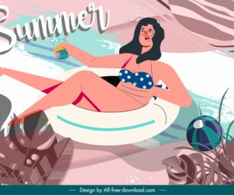 Horario De Verano Banner Bikini Chica Relajación Dibujos Animados Dibujos Animados
