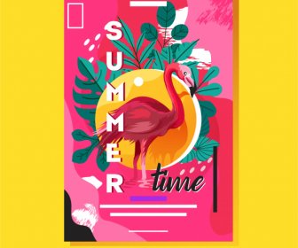 Sommerzeit Banner Flamingo Blättert Skizze Grunge Klassiker