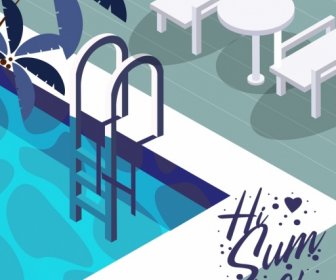 여름 시간 배너 3d 디자인 수영장 아이콘
