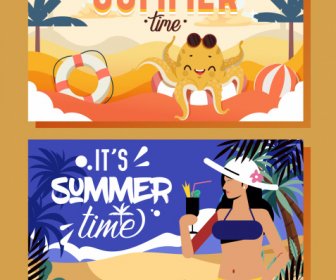 Summer Time Banners Beach Elements Sketch Colorful Classic