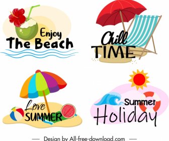 Yaz Zamanı Logotipleri Renkli Plaj Elemanları Kroki