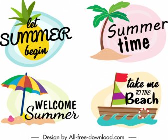Sommerzeit Logotypen Bunte Klassische Tropische Embleme