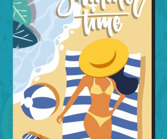 Temps D’été Poster Bikini Fille Bord De Mer Design Plat
