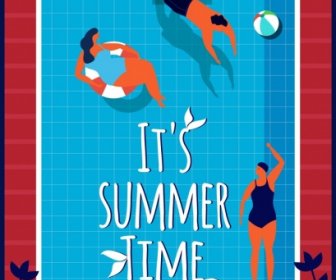Summer Time Poster Swimming Pool Playful People Icons