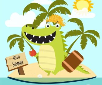 Summer Tour Banner Green Crocodile Icon Stylized Cartoon