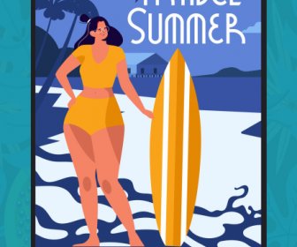 été Voyage Bannière Bikini Dame Surfboard Croquis