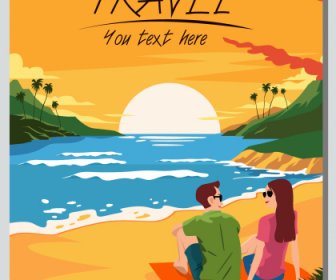 Summer Travel Banner Sunset Seaside Couple Sketch