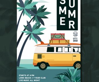 Summer Travel Flyer Classical Design Bus Coconut Sketch