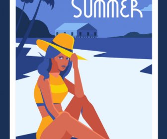 Croquis De Bord De Mer De Fille De Bikini D'affiche De Voyage D'été