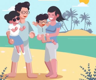 Summer Trip Background Joyful Family Sea Icons Decor