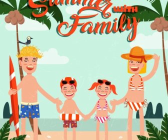 Summer Trip Banner Family Beach Icons Colored Cartoon
