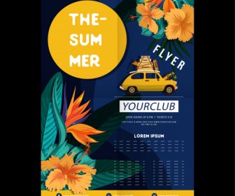 Summer Trip Flyer Template Floral Decor Car Sketch