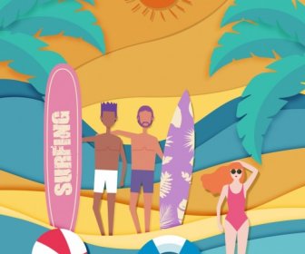 여름 휴가 배경 사람들이 서핑 비치 아이콘